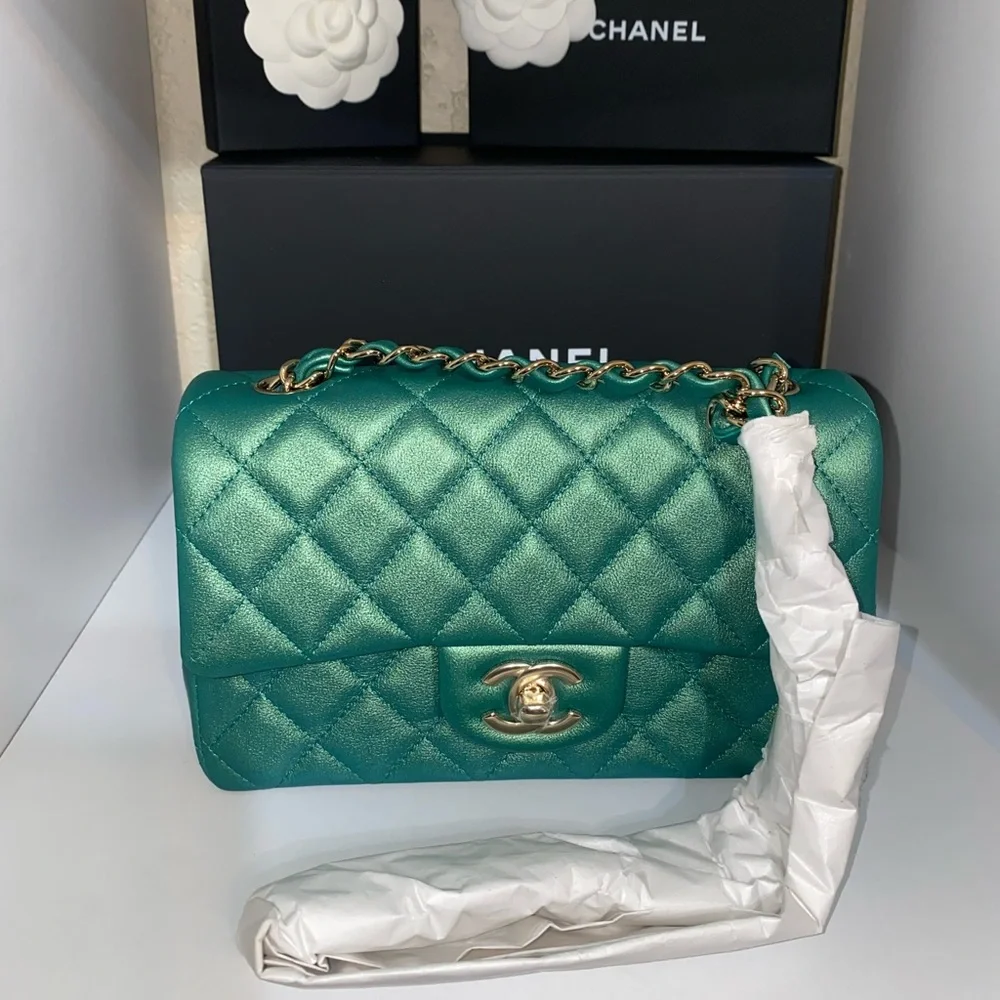 RARE NIB CHANEL IRIDESCENT GREEN CLASSIC MINI FLAP - Picture 17 of 17